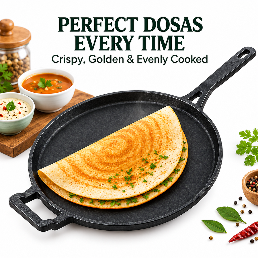 Cast Iron Dosa Tawa - 28cm - 100% Natural & Non-Stick | Pre Seasoned | Made In India