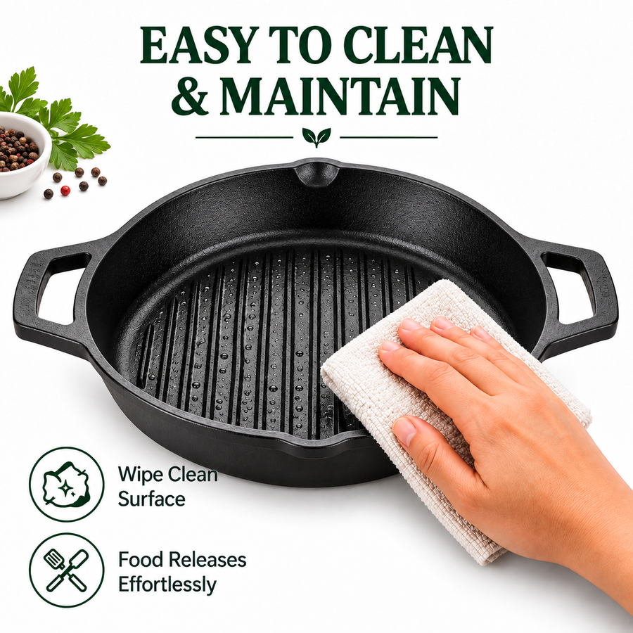 Cast Iron Grill Kadai 10 Inches | Heavy-Duty Ribbed Cast Iron Grill Pan