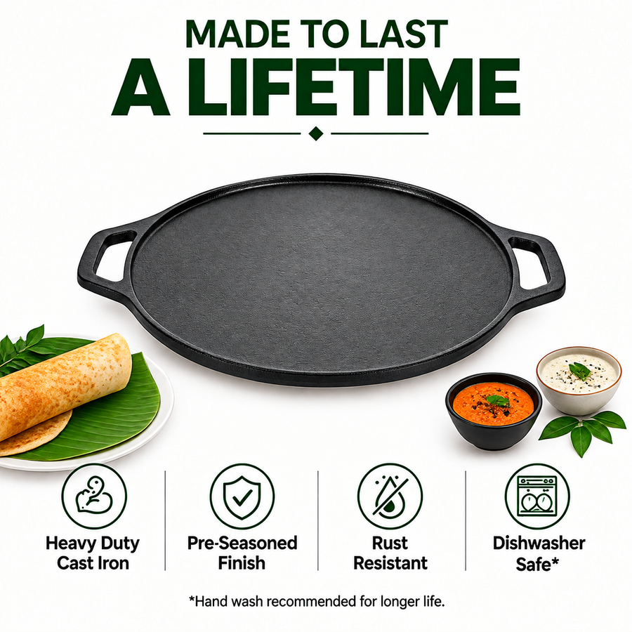 Cast Iron Dosa Tawa - 30cm - 100% Natural & Non-Stick | Pre Seasoned | Made In India