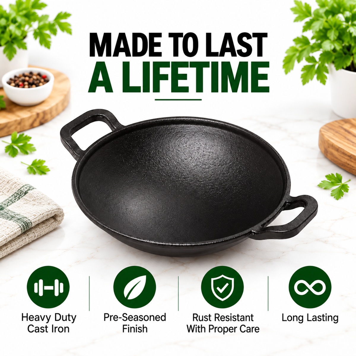Cast Iron Appachetty - 20CM - 100% Natural & Non-Stick | Pre-Seasoned Oil | Made In India
