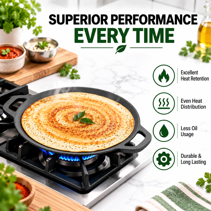 Premium Cast Iron Dosa Tawa [Double Handle] - 33CM - 100% Natural & Non-Stick | Pre-Seasoned Oil | Made In India