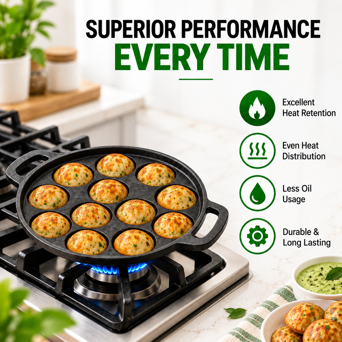 Cast Iron Appam Patra [12 Pit] - 100% Natural & Non-Stick | Pre-Seasoned Oil | Made In India