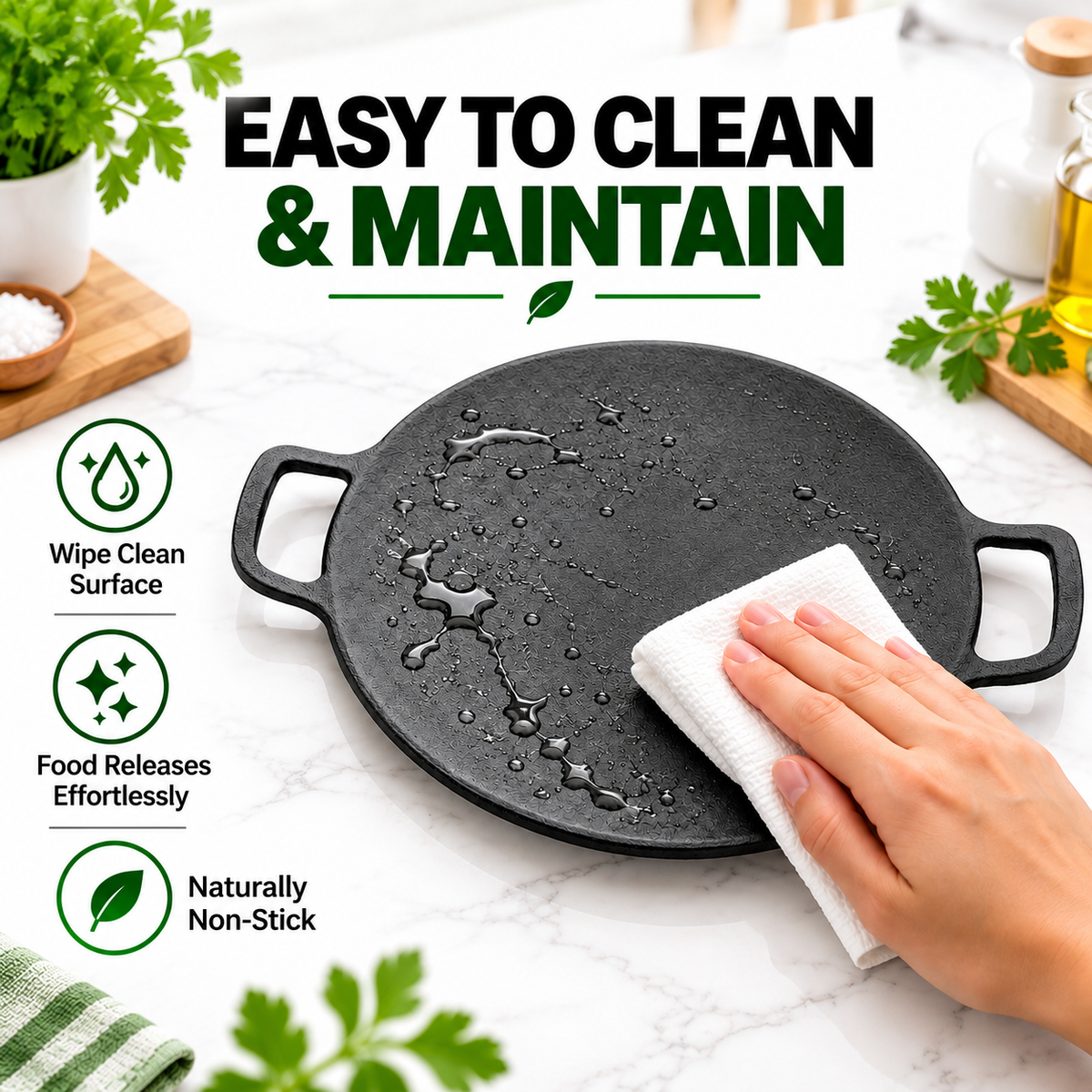 Cast Iron Roti Tawa [Two Side Handle] - 25CM - 100% Natural & Non-Stick | Pre-Seasoned Oil | Made In India