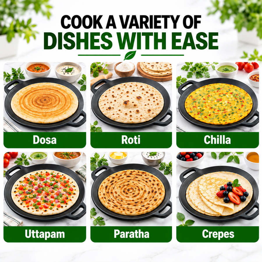 Premium Cast Iron Dosa Tawa [Double Handle] - 33CM - 100% Natural & Non-Stick | Pre-Seasoned Oil | Made In India