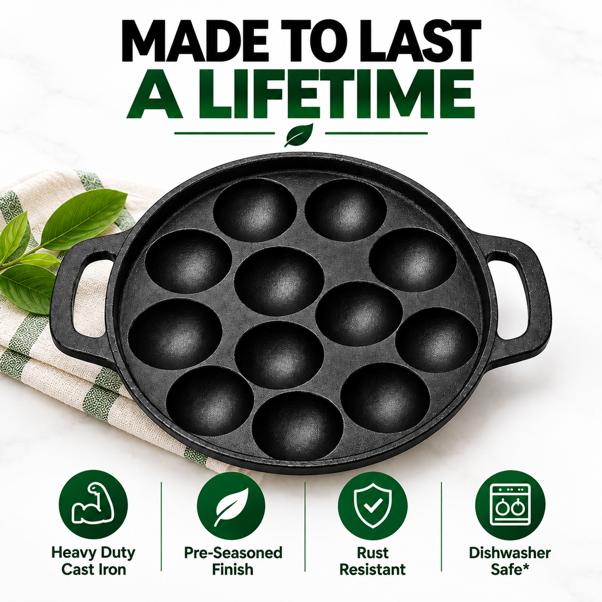 Cast Iron Appam Patra [12 Pit] - 100% Natural & Non-Stick | Pre-Seasoned Oil | Made In India