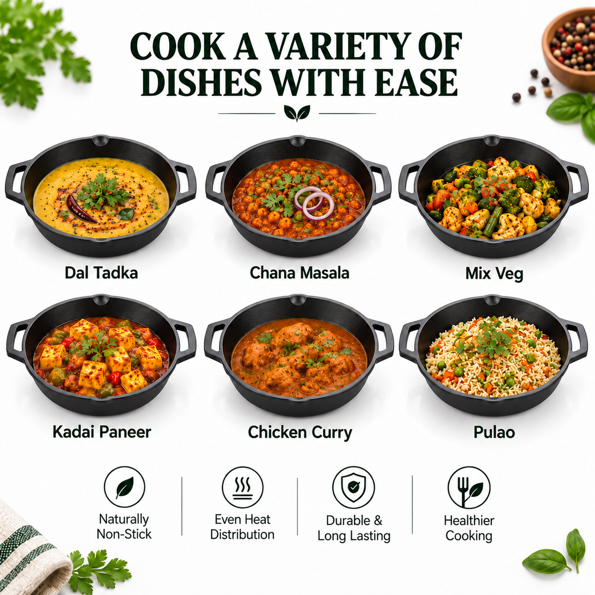 Cast Iron Kadai 10 Inches | Heavy-Duty Traditional Iron Cooking Kadai
