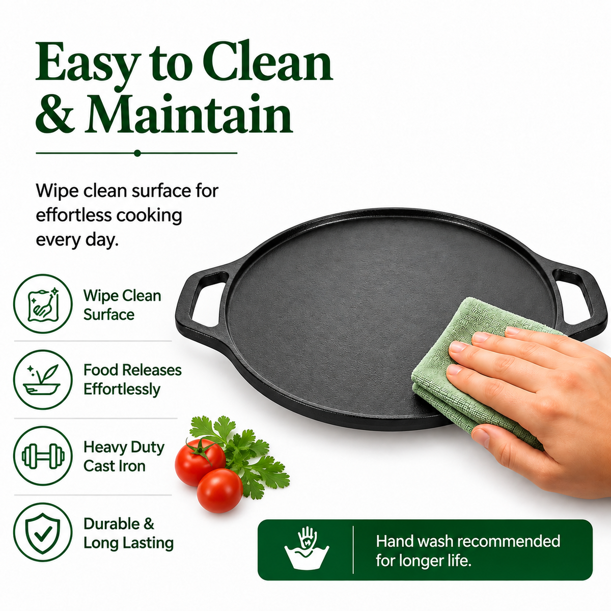 Cast Iron Dosa Tawa - 30cm - 100% Natural & Non-Stick | Pre Seasoned | Made In India
