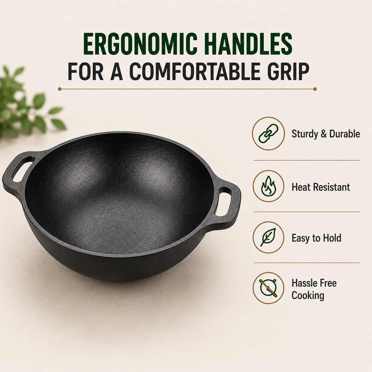 Cast Iron Kadai 10 Inches | Wide Heavy-Duty Iron Cooking Kadai