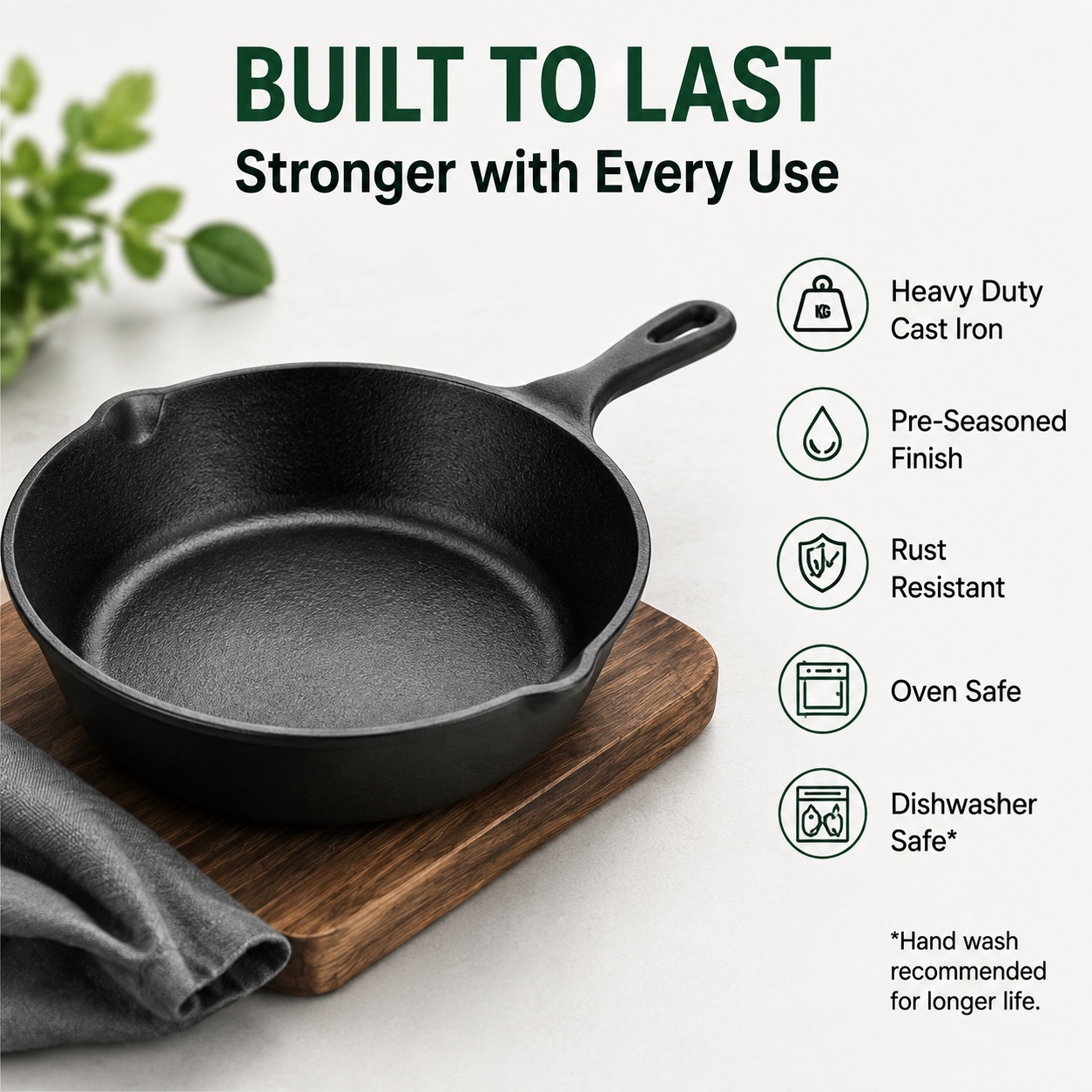 Cast Iron Fry Pan 8 Inches - Heavy-Duty Pre-Seasoned Cooking Pan
