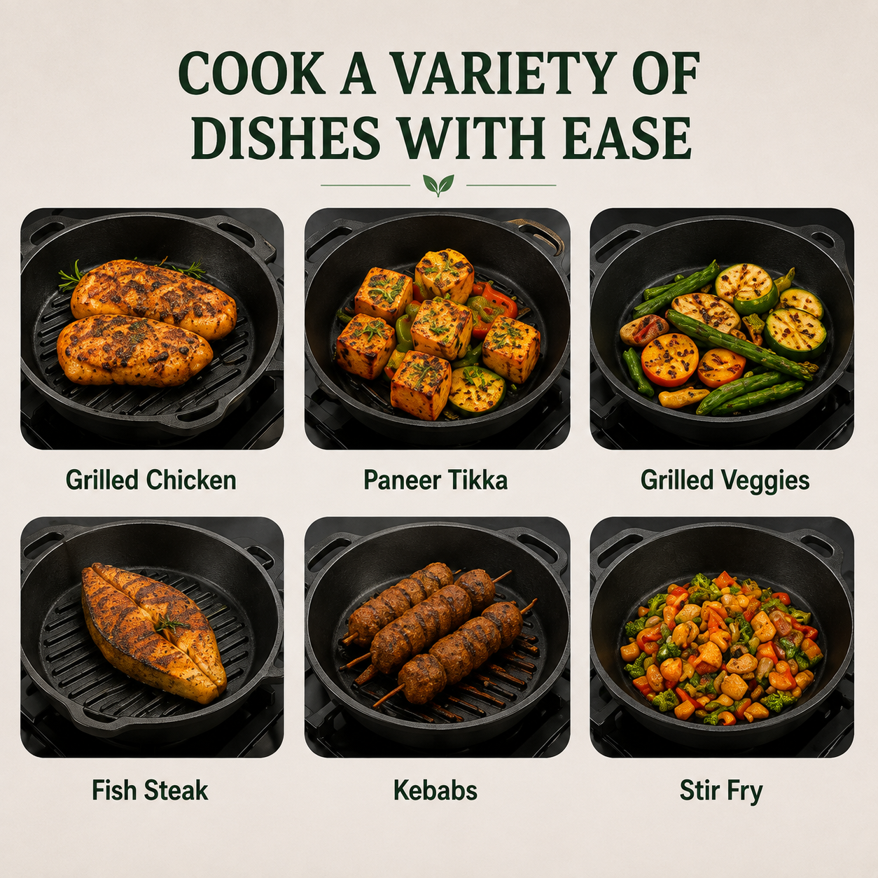 Cast Iron Grill Kadai 10 Inches | Heavy-Duty Ribbed Cast Iron Grill Pan