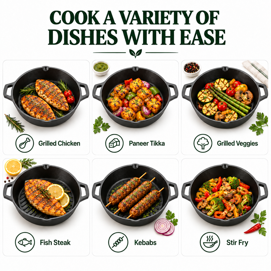 Cast Iron Grill Kadai 10 Inches | Heavy-Duty Ribbed Cast Iron Grill Pan