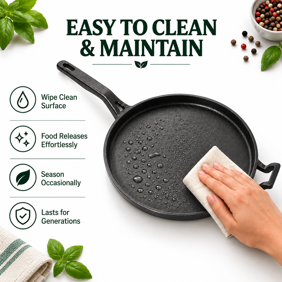 Cast Iron Dosa Tawa - 28cm - 100% Natural & Non-Stick | Pre Seasoned | Made In India