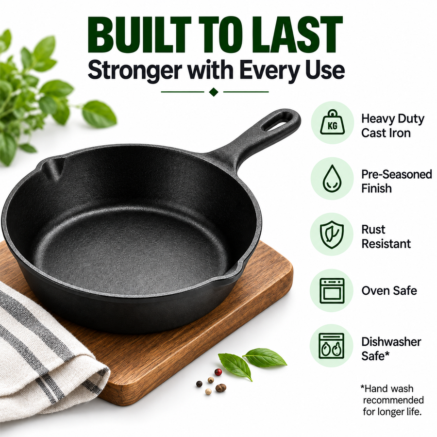 Cast Iron Fry Pan 8 Inches - Heavy-Duty Pre-Seasoned Cooking Pan