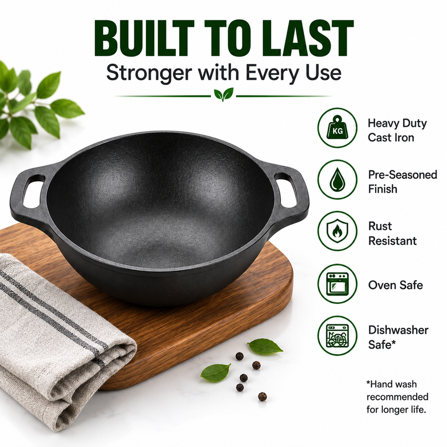 Cast Iron Kadai 10 Inches | Wide Heavy-Duty Iron Cooking Kadai
