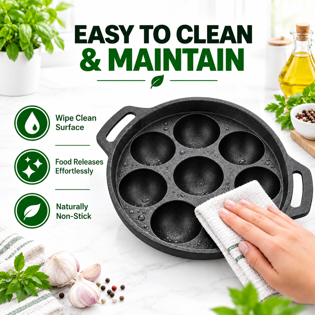 Cast Iron Appam Patra [9 Pit] - 100% Natural & Non-Stick | Pre-Seasoned Oil | Made In India