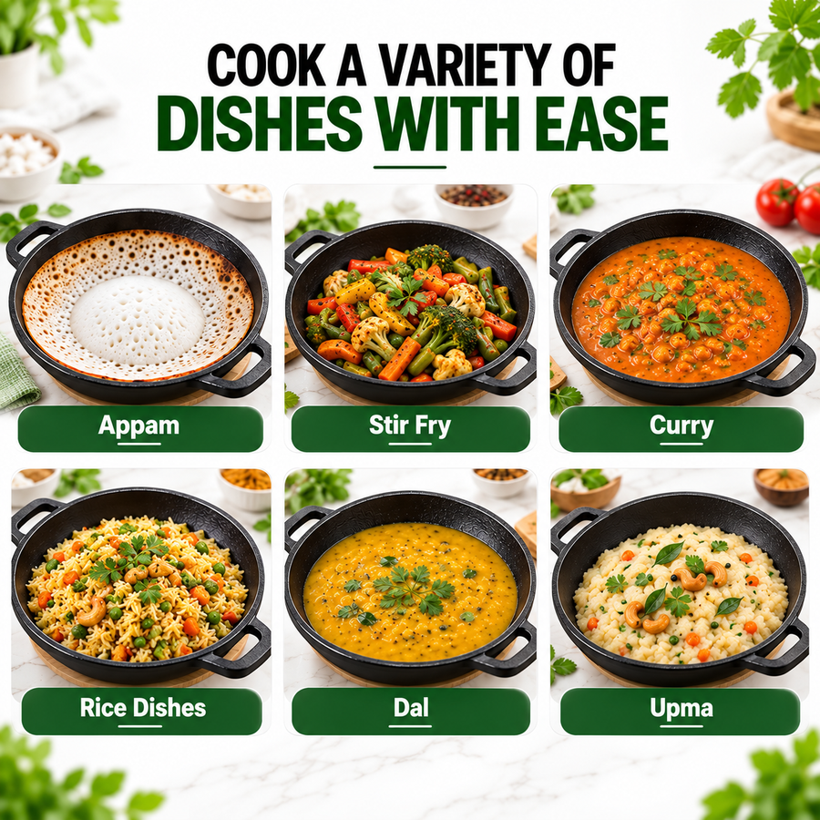 Cast Iron Appachetty - 20CM - 100% Natural & Non-Stick | Pre-Seasoned Oil | Made In India