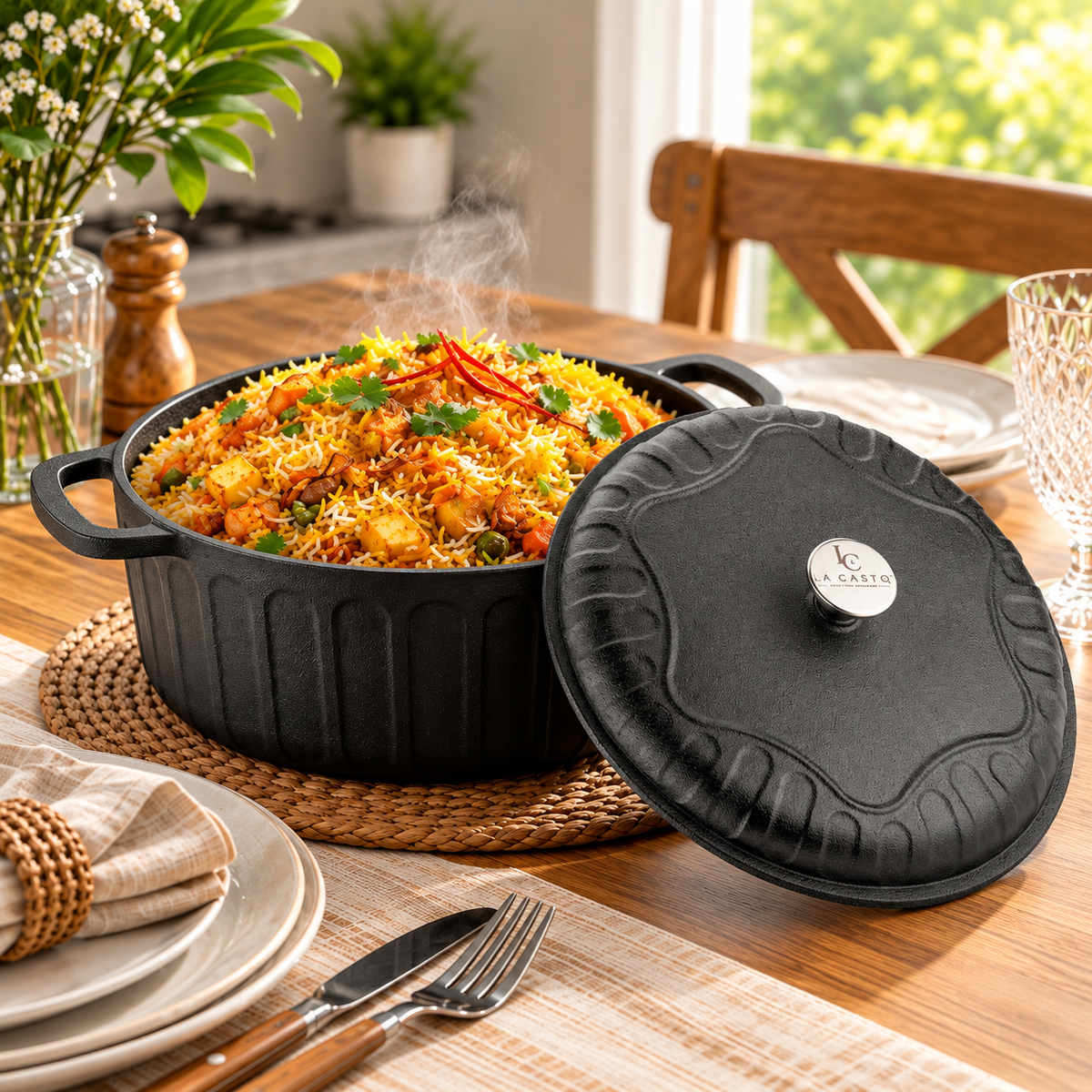 Cast Iron Dutch Oven With Lid - 26CM - 5L Capacity - 100% Natural & Non-Stick | Pre-Seasoned Oil | Made In India