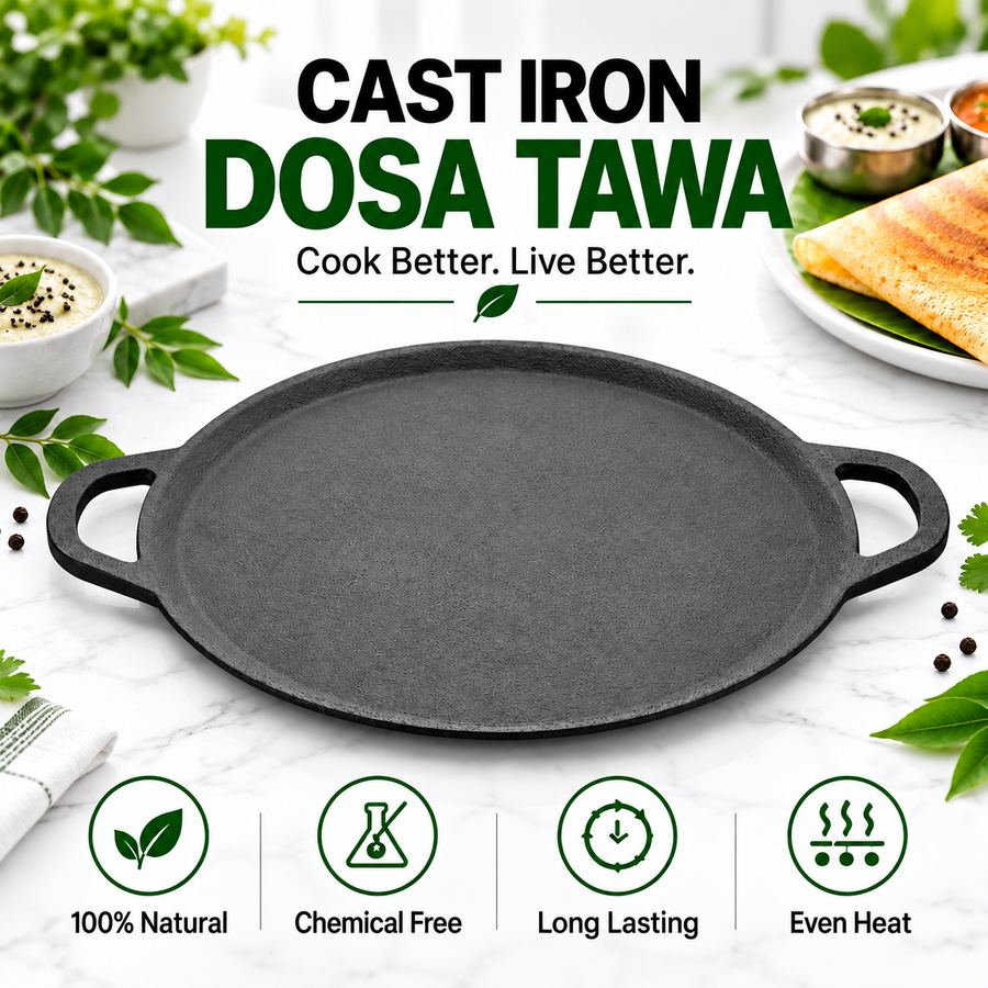 Premium Cast Iron Dosa Tawa [Double Handle] - 33CM - 100% Natural & Non-Stick | Pre-Seasoned Oil | Made In India
