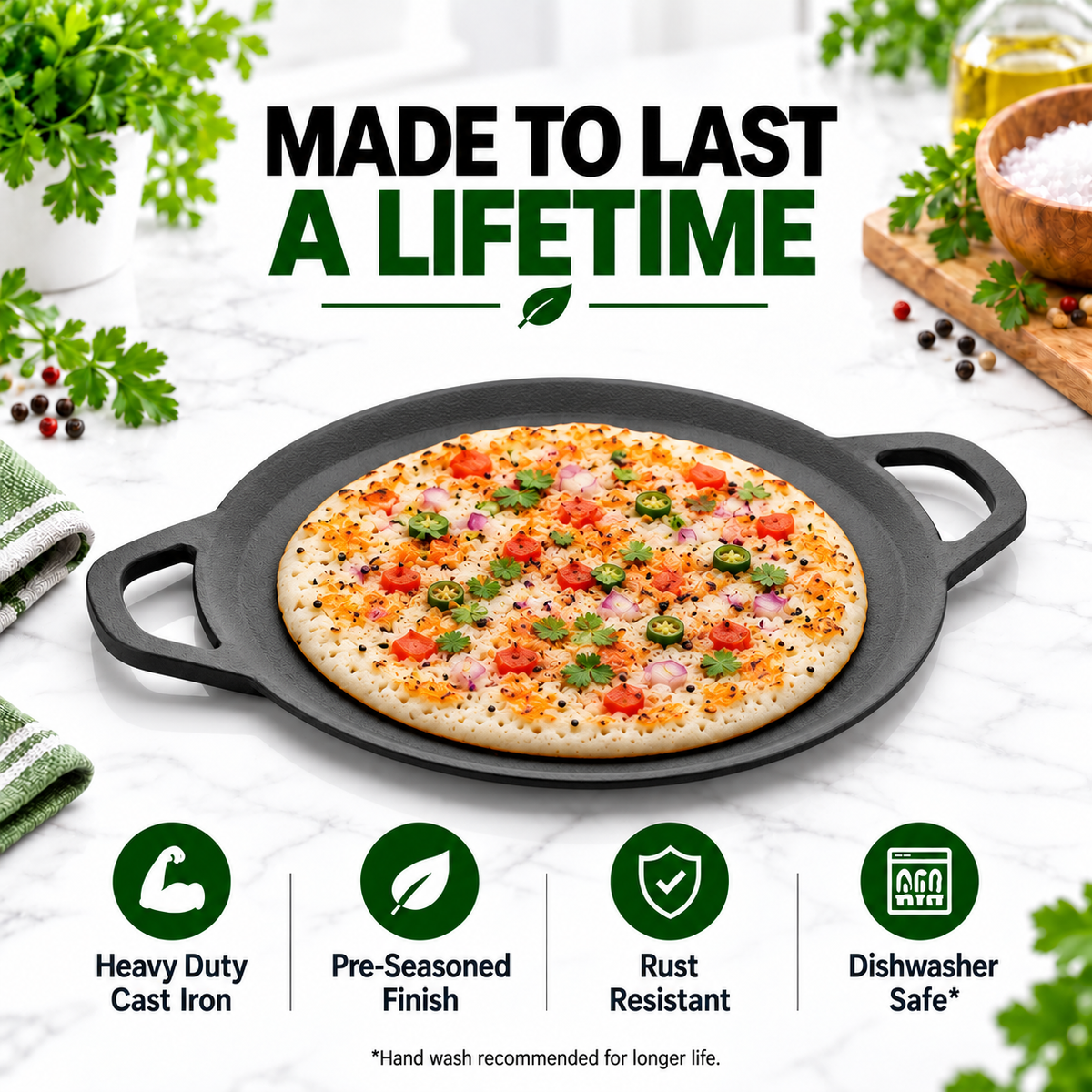 Premium Cast Iron Dosa Tawa [Double Handle] - 33CM - 100% Natural & Non-Stick | Pre-Seasoned Oil | Made In India
